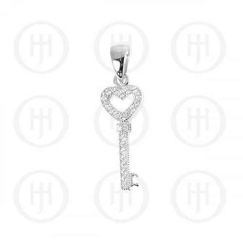 Sterling Silver Rhodium Plated Assorted CZ Heart Key Pendant (P-1203)