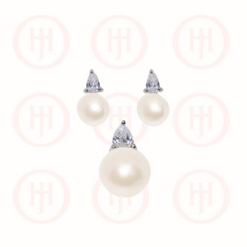 Silver Rhodium Plated Pearl Pendant Earring Set (PS-1031)