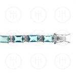 Silver Rhodium Plated Blue Topaz CZ Emerald Cut Tennis Bracelet (BR-CZ-120-BT)