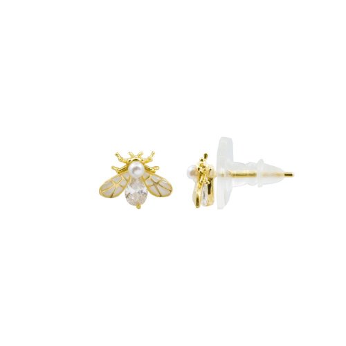 Sterling Silver Gold CZ, Pearl, and Enamel Firefly Studs (ST-1360)