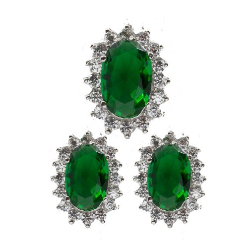 Silver CZ Royal Wedding Inspired Earrings Pendant Set (Emerald) (PS-1024-E)