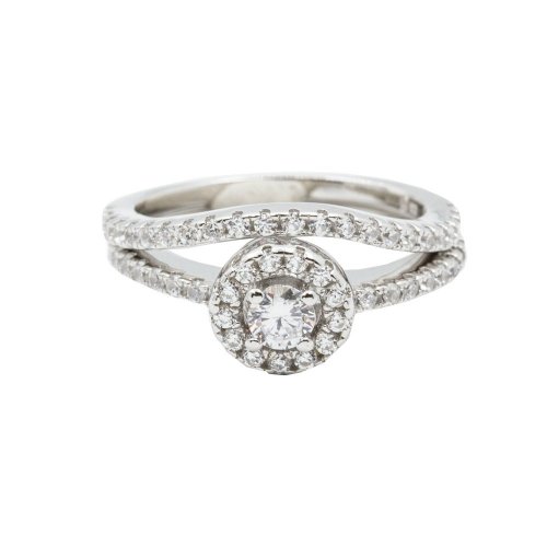 Sterling Silver CZ Halo Ring with Pave Band (R-1487)