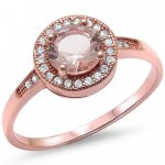 Sterling Silver Halo CZ Rose Gold Round Morganite Ring (R-1546)