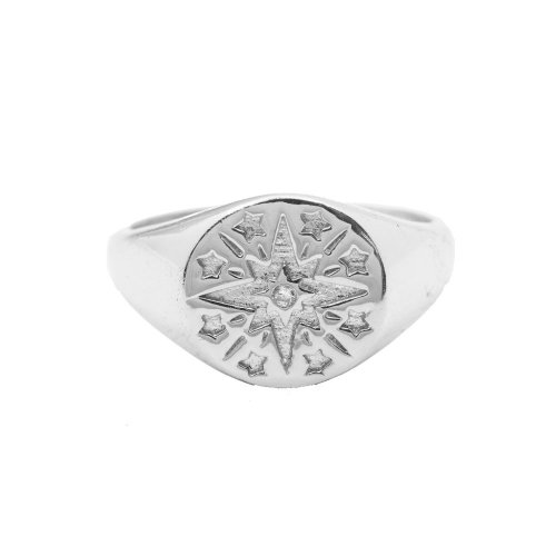 Sterling Silver Engraved North Star Signet Ring with CZ Center (R-1490)
