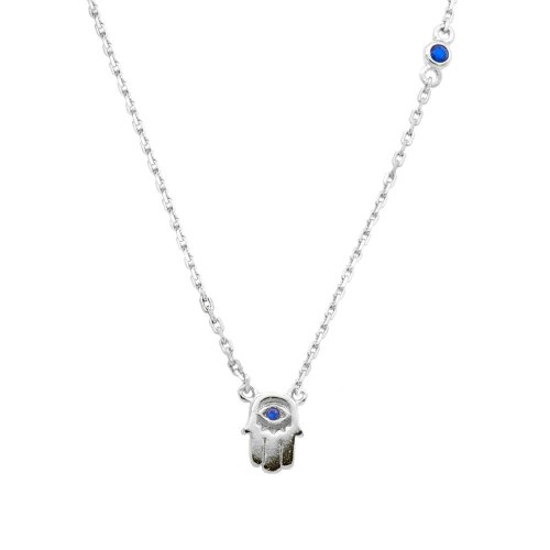 Sterling Silver Blue CZ Hamsa Necklace (N-1375)