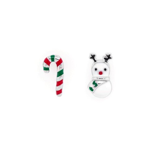 Sterling Silver Enamel Mismatching Snowman &amp; Christmas Candy Cane Studs (ST-1449)