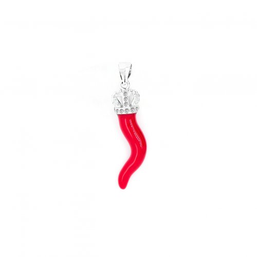Sterling Silver Red Cornicello With CZ Crown  (P-1436)