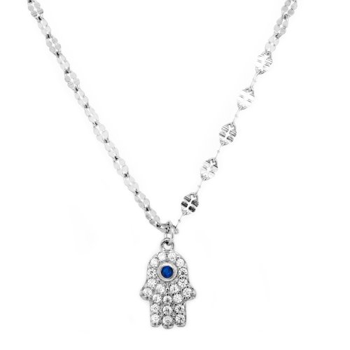 Sterling Silver CZ Hamsa and Blue Evil Eye Buckle Chain Necklace (N-1426)