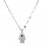 Sterling Silver CZ Hamsa and Blue Evil Eye Buckle Chain Necklace (N-1426)