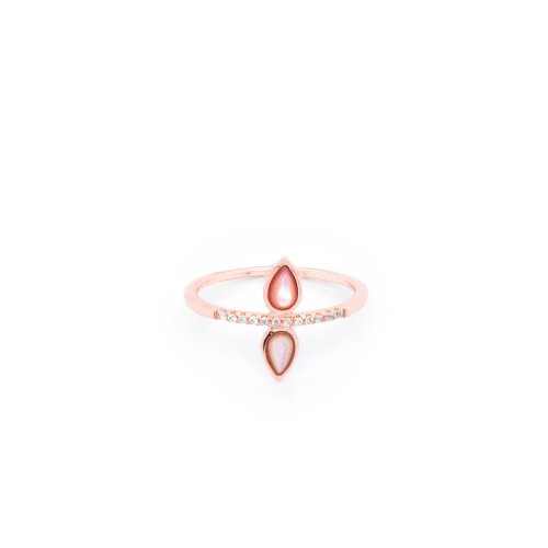 Sterling Silver Rose Gold Plated Rose Quartz and White Topaz Double Pear Ring (R-1576)