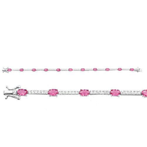 Silver Plain Pink Tourmaline Stone CZ Tennis Bracelet (BR-CZ-111-P)