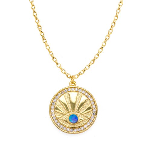 Sterling Silver Gold Plated Opal Evil Eye With CZ Coin Necklace (N-1447)