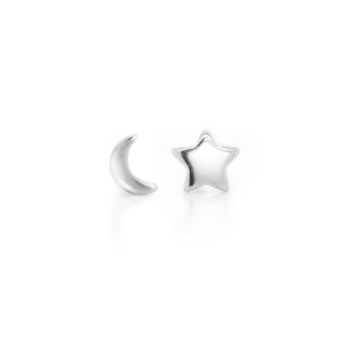 Sterling Silver Plain Petite Mismatched Moon &amp; Star Studs (ST-1502)