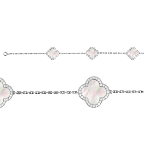 Silver Rhodium Plated CZ Vân Cleef Bracelet, White (BR-1126-W)
