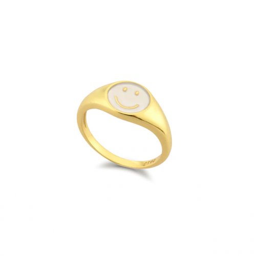 Sterling Silver Gold Plated White Enamel Smiley Face Signet Ring (R-1595)