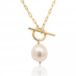 Sterling Silver Gold Plated Pearl Paperclip Toggle Necklace (N-1478)