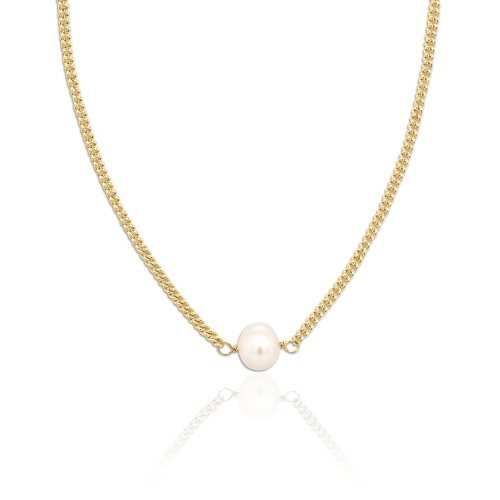 Sterling Silver Single Pearl Curb Chain Necklace (N-1489)
