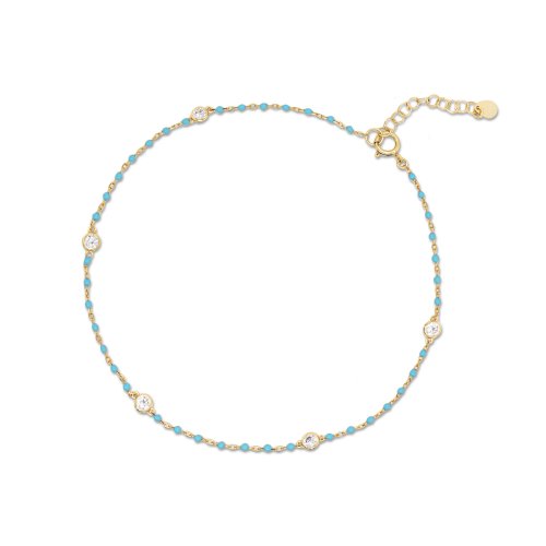 Sterling Silver Gold Plated CZ Turquoise Enamel Anklet (ANK-1099-T)