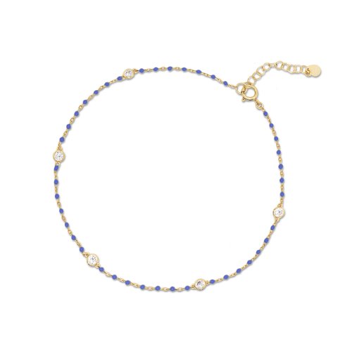 Sterling Silver Gold Plated CZ Deep Blue Enamel Anklet (ANK-1099-B)