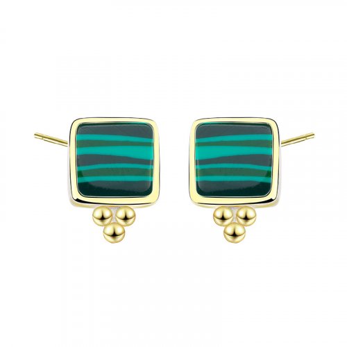 Sterling Silver Gold Plated Square Malachite studs (ST-1554)