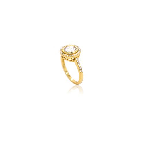 Sterling Silver Gold Vermeil Decorative CZ Halo Bezel Ring (R-1607-G)