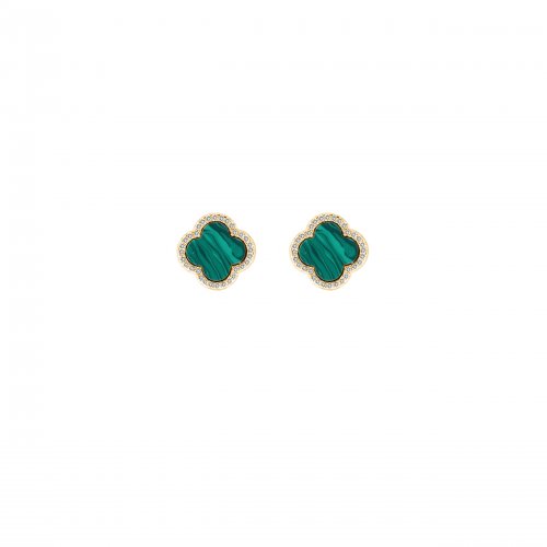 Sterling Silver Gold Vermeil Designer Inspired Vancleef with Malachite Stud Earrings(ST-1072-GG)