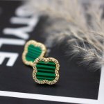 Sterling Silver Gold Vermeil Designer Inspired Vancleef with Malachite Stud Earrings(ST-1072-GG)