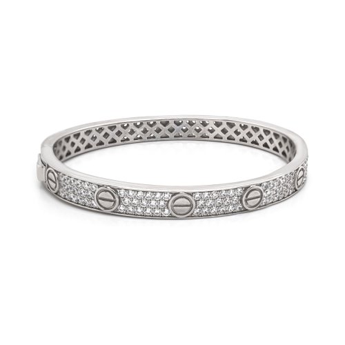 Sterling Silver RH Plated Cartier Inspired Pave CZ Love Bracelet Bangle (IB-1102)