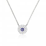 Sterling Silver Double Halo Pave Evil Eye Necklace with Navy Blue Stone (N-1521)