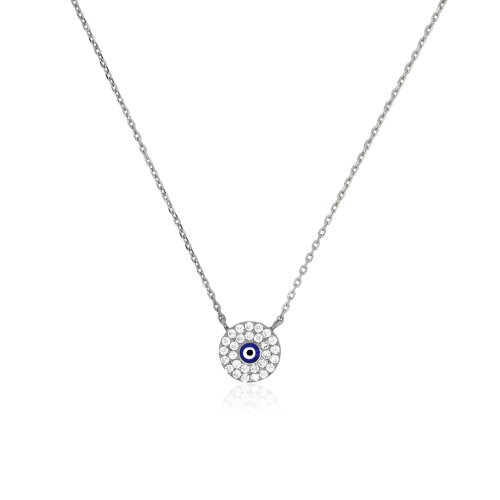 Sterling Silver Double Halo Pave Evil Eye Necklace with Navy Blue Stone (N-1521)