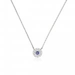 Sterling Silver Double Halo Pave Evil Eye Necklace with Navy Blue Stone (N-1521)