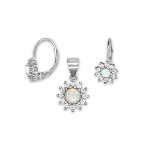 Sterling Silver Halo Flower With Center Opal Stone Pendant Set  (PS-1064)