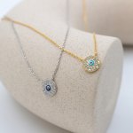 Sterling Silver Double Halo Pave Evil Eye Necklace with Navy Blue Stone (N-1521)