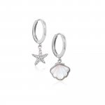 Sterling Silver Mismatched Dangle CZ Star and Mother of Pearl Shell Huggies (HUG-1104)