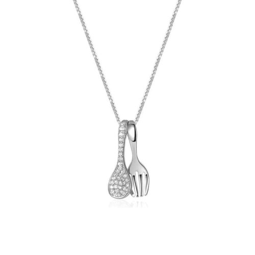 Sterling Silver CZ Pave Spoon and Plain Fork Necklace (N-1527)