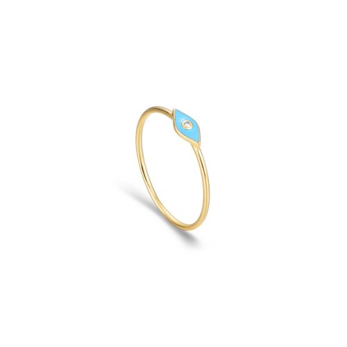 10k Yellow Gold Diamond Minimalist Light Blue Enamel Evil Eye Ring (GR-10-1109-LB)