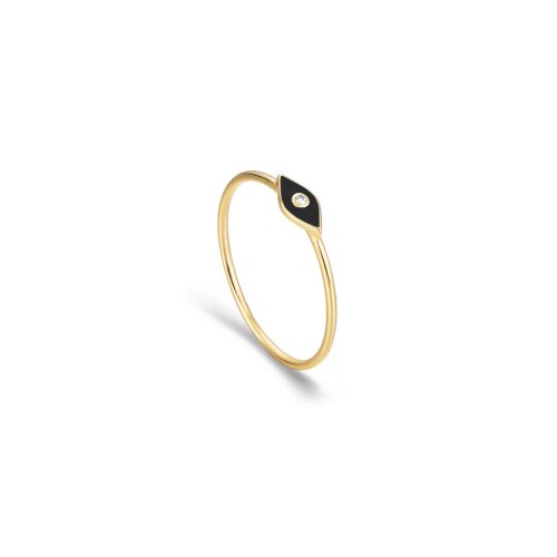 10k Yellow Gold Diamond Minimalist Black Enamel Evil Eye Ring (GR-10-1109-B)
