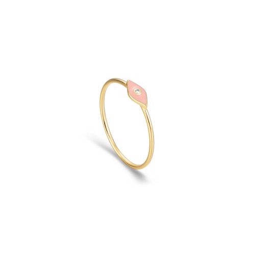 10k Yellow Gold Diamond Minimalist Pink Enamel Evil Eye Ring (GR-10-1109-P)