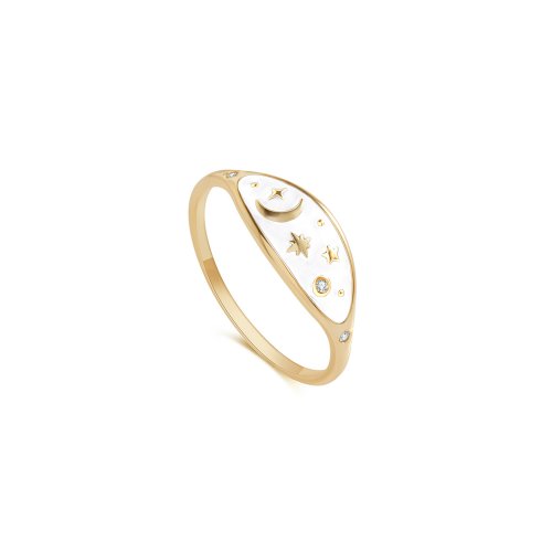 Sterling Silver Gold Vermeil Celestial White Enamel Ring (R-1622-W)