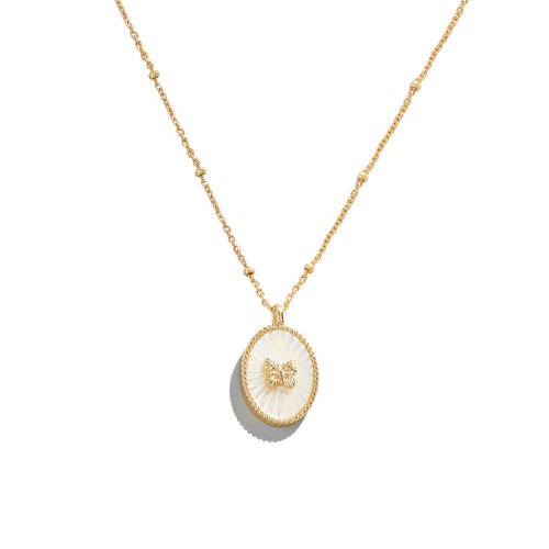 Sterling Silver Gold Vermeil Mini Butterfly Mother of Pearl Oval Pendant Necklace (N-1528)