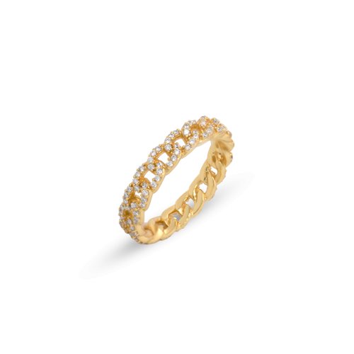 Sterling Silver Gold Vermeil Pave Curb Link Band Ring (R-1624-G)