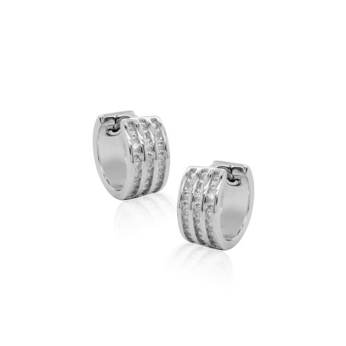 Sterling Silver Rhodium Plated Men&#039;s CZ Triple Row Huggies (HUG-1105)