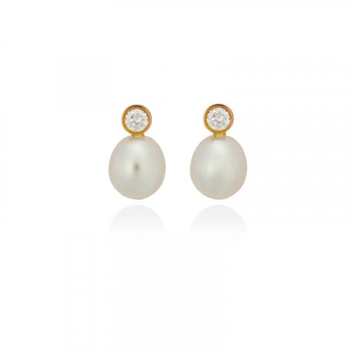 Sterling Silver Gold Vermeil Medium Single Pearl with CZ Studs (ST-1621)