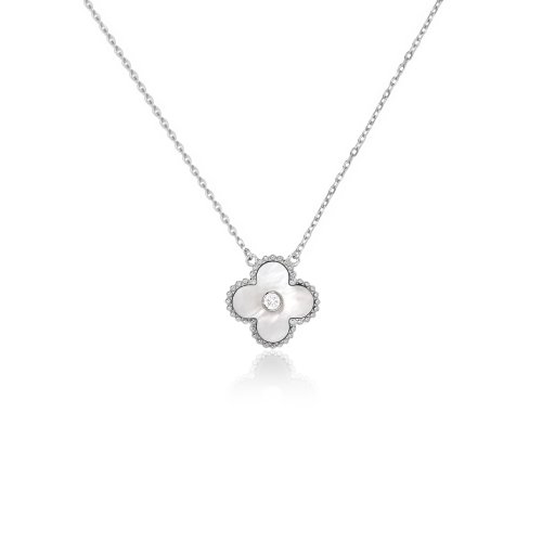 Sterling Silver Designer Inspired Vancleef Mother of Pearl with Center CZ Necklace (N-1544-W)