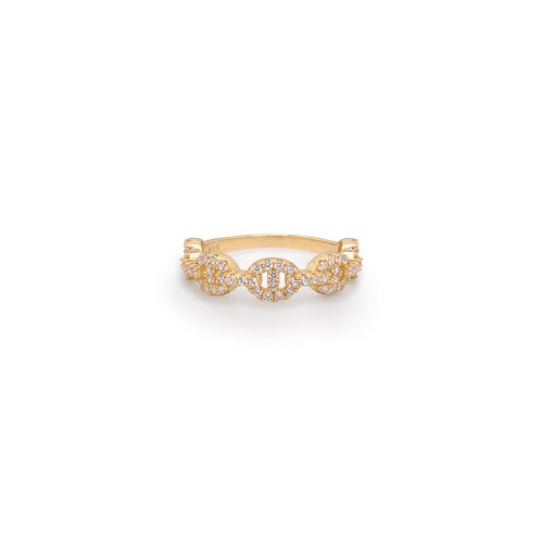 Sterling Silver Gold Vermeil CZ Pave Puffed Gucci Link Ring (R-1625)