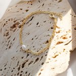 Sterling Silver Gold Vermeil Paperclip Link Single Pearl Bracelet (BR-1421)