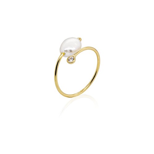 Sterling Silver Gold Vermeil Pearl &amp; CZ Open Cuff Ring (R-1631)