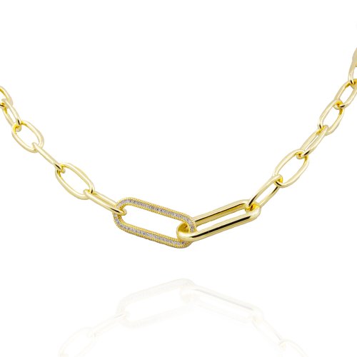 Sterling Silver Gold Vermeil CZ Pave Large Paper Clips Necklace (N-1554)