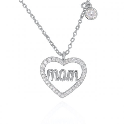 Sterling Silver MOM Halo CZ Heart Necklace (N-1552)