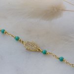 Sterling Silver Gold Vermeil CZ Pave Hamsa Turquoise Beads Bracelet (BR-1422)